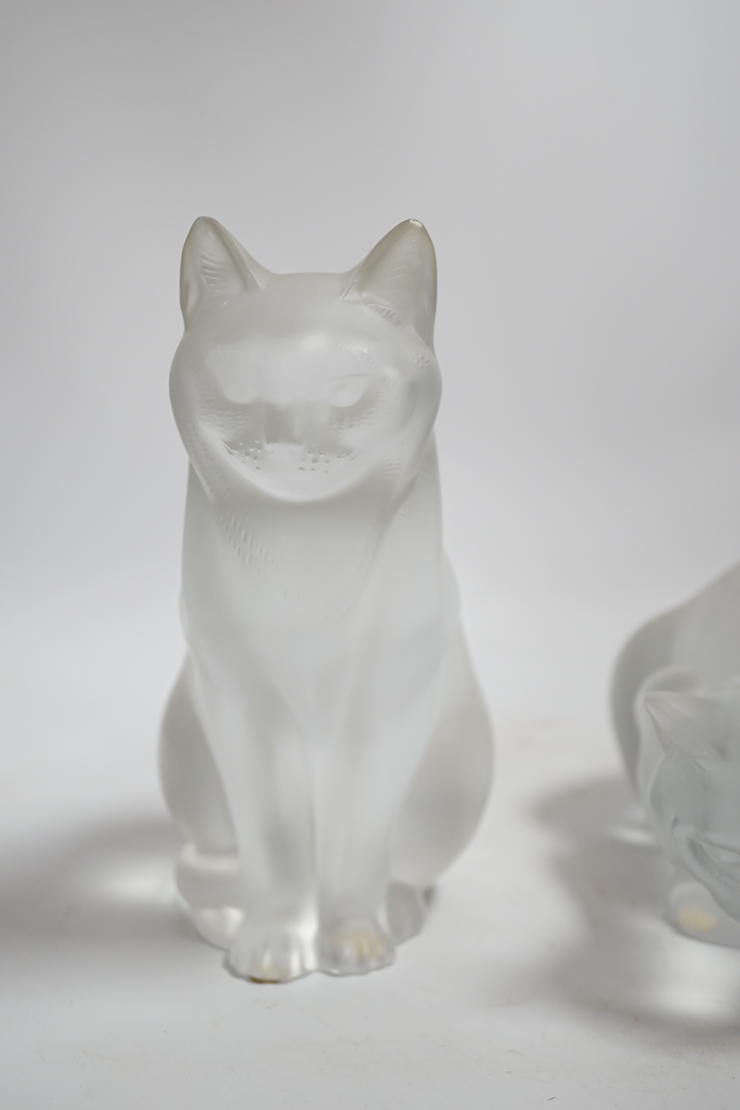 Two lalique glass frosted cats, tallest 21cm